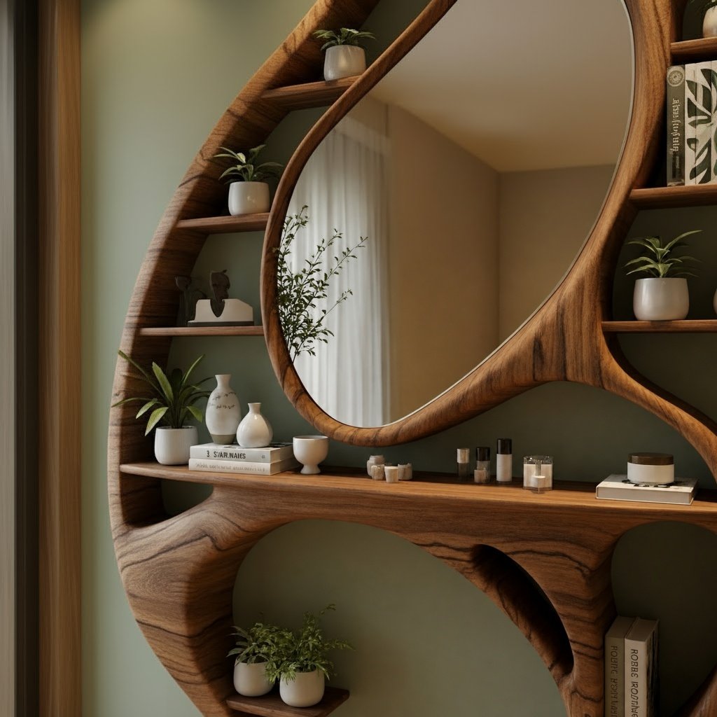Solid Wood Bookshelf Sculptural Carved Oval Openings Freestanding Room Divider