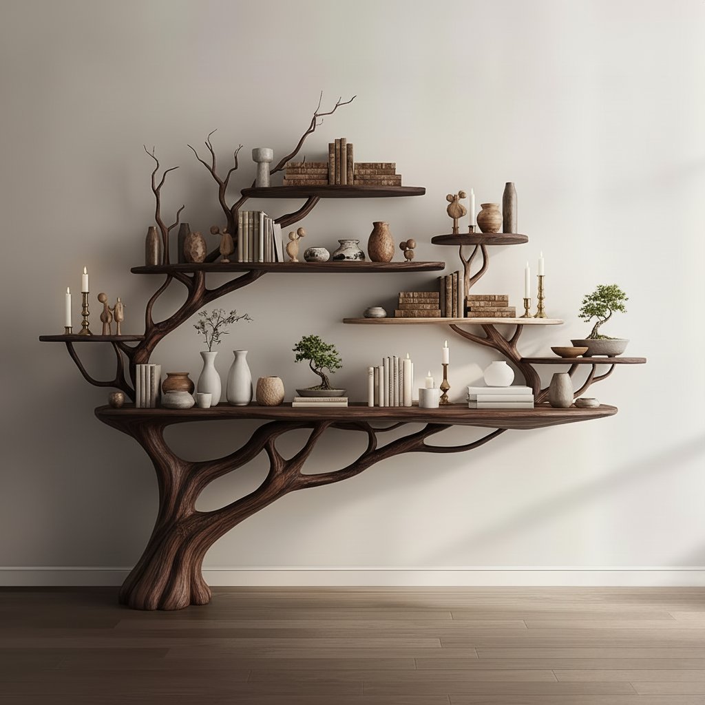Solid Wood Wall Shelf Tree-Branch Spreading Tiered Floating Shelves for Living Room