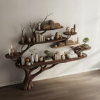 Solid Wood Wall Shelf Tree-Branch Spreading Tiered Floating Shelves for Living Room
