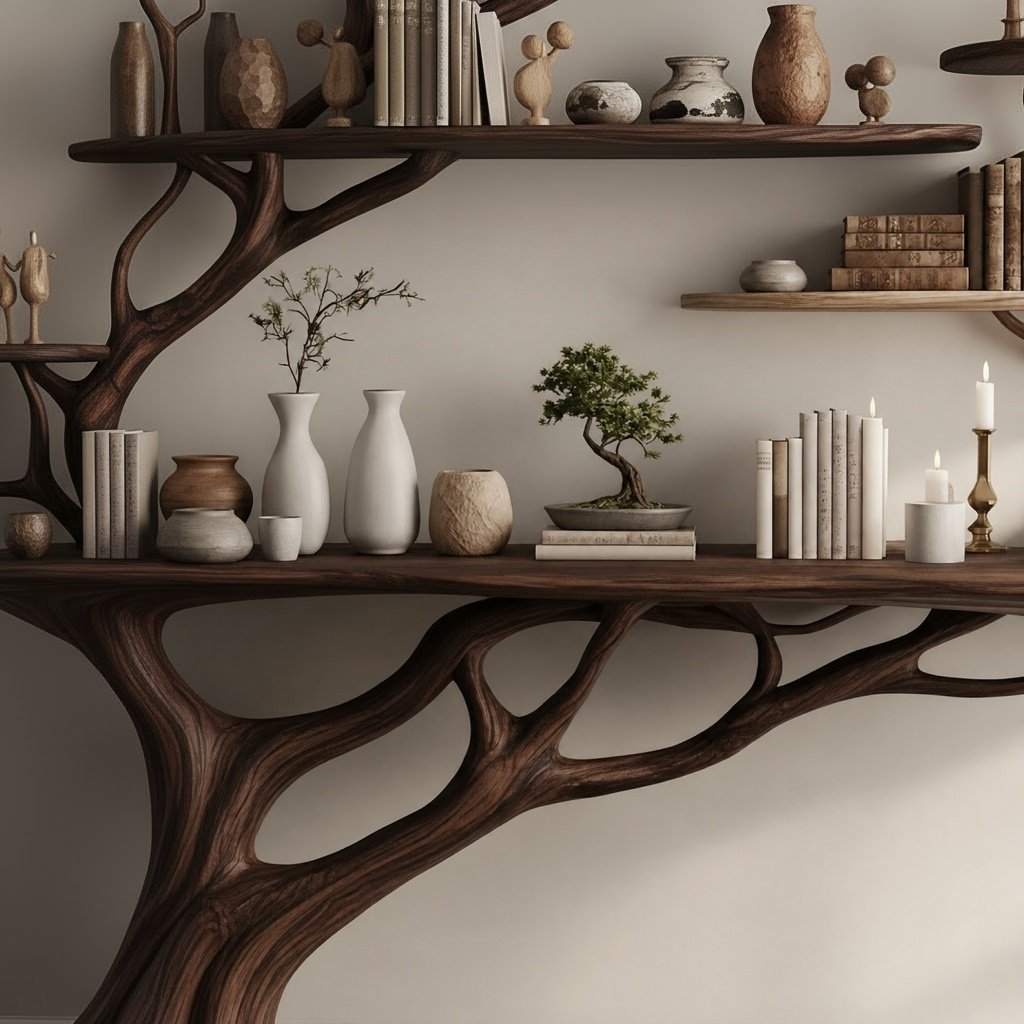 Solid Wood Wall Shelf Tree-Branch Spreading Tiered Floating Shelves for Living Room