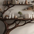 Solid Wood Wall Shelf Tree-Branch Spreading Tiered Floating Shelves for Living Room