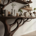 Solid Wood Wall Shelf Tree-Branch Spreading Tiered Floating Shelves for Living Room