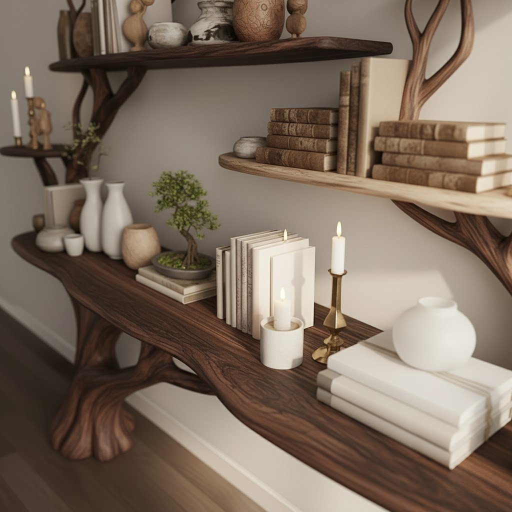 Solid Wood Wall Shelf Tree-Branch Spreading Tiered Floating Shelves for Living Room