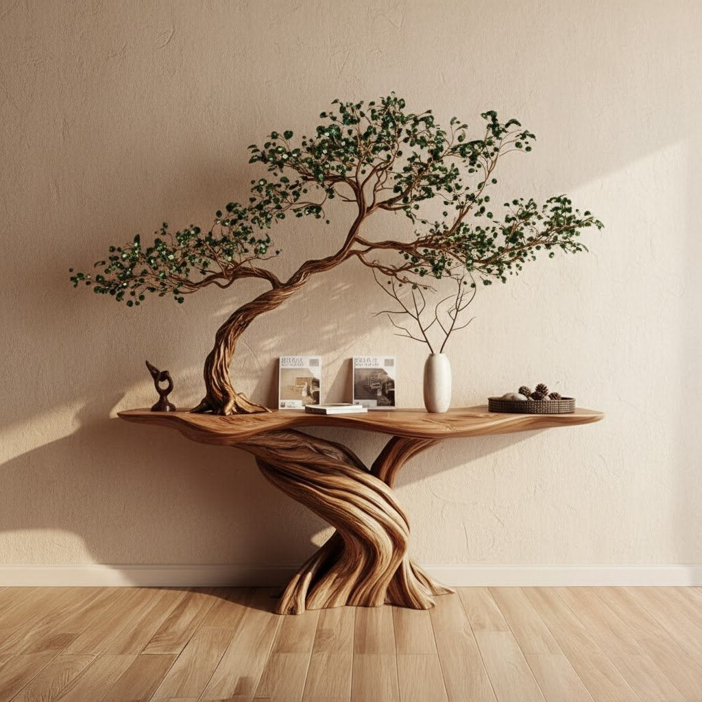 Solid Wood Console Table Living Tree Foliage Canopy Live-Edge Top for Entryway