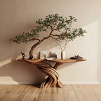 Solid Wood Console Table Living Tree Foliage Canopy Live-Edge Top for Entryway