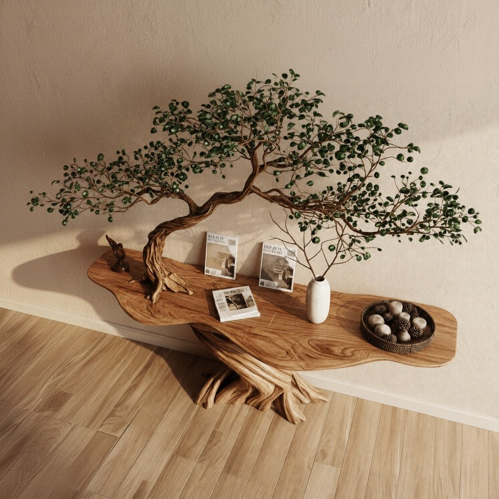 Solid Wood Console Table Living Tree Foliage Canopy Live-Edge Top for Entryway