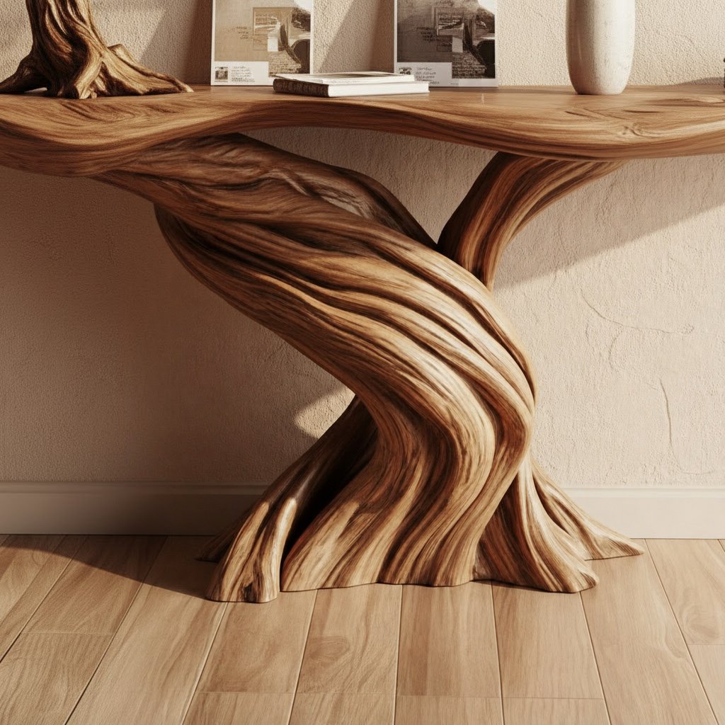 Solid Wood Console Table Living Tree Foliage Canopy Live-Edge Top for Entryway