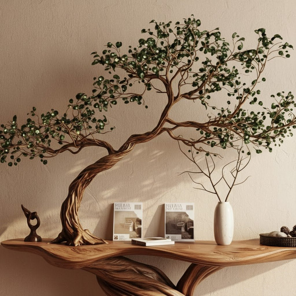 Solid Wood Console Table Living Tree Foliage Canopy Live-Edge Top for Entryway