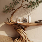 Solid Wood Console Table Living Tree Foliage Canopy Live-Edge Top for Entryway