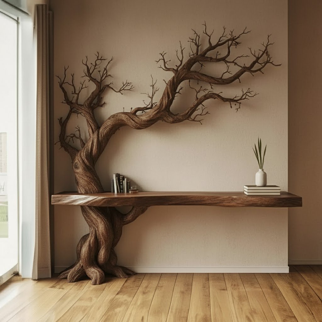 Solid Wood Wall Shelf Gnarled Twisting Tree-Branch Sculpture for Hallway