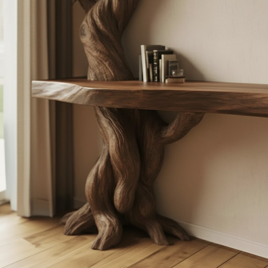 Solid Wood Wall Shelf Gnarled Twisting Tree-Branch Sculpture for Hallway