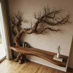 Solid Wood Wall Shelf Gnarled Twisting Tree-Branch Sculpture for Hallway