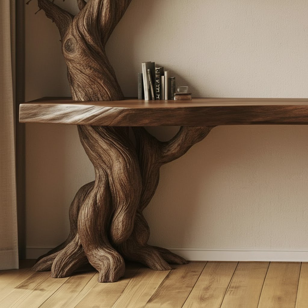Solid Wood Wall Shelf Gnarled Twisting Tree-Branch Sculpture for Hallway