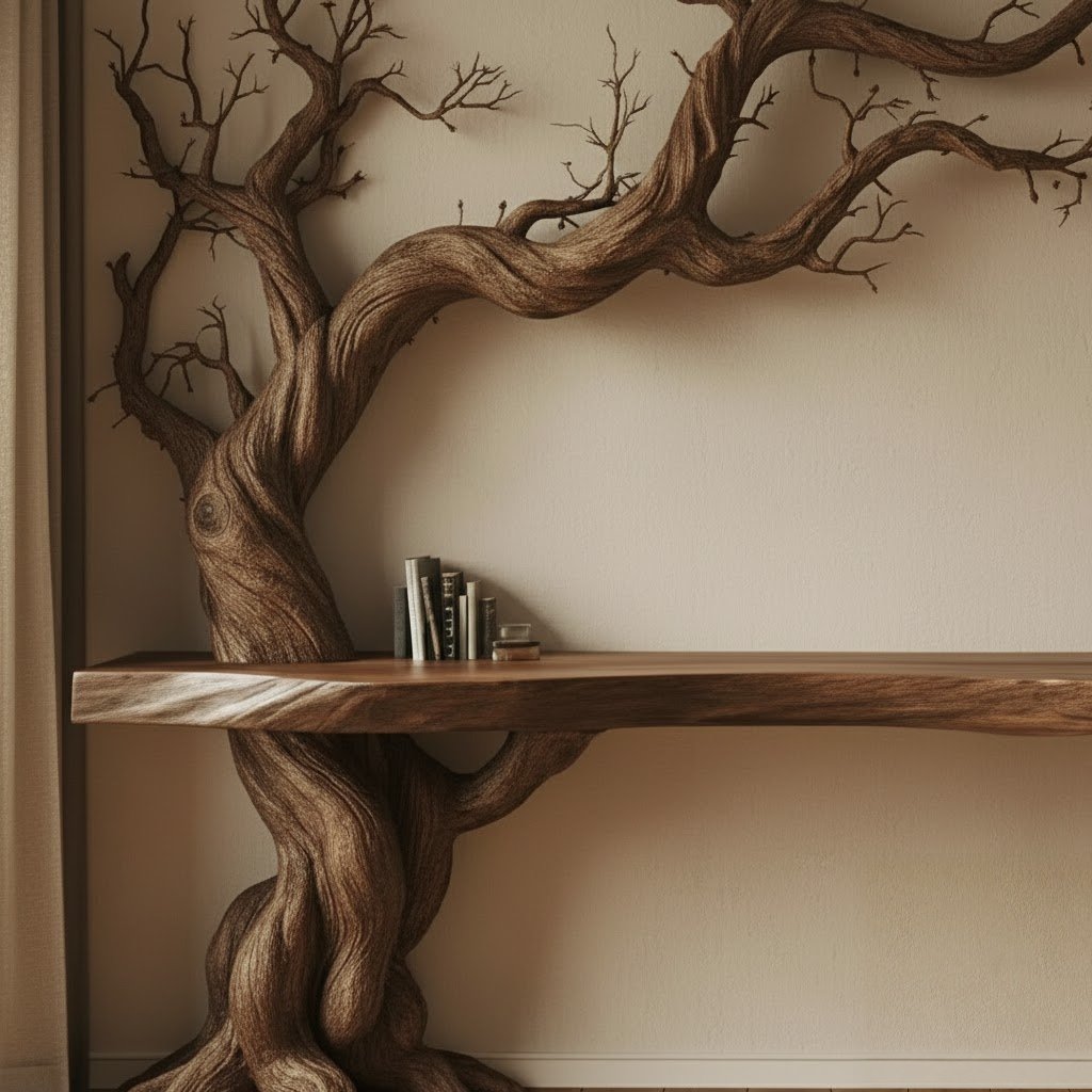 Solid Wood Wall Shelf Gnarled Twisting Tree-Branch Sculpture for Hallway