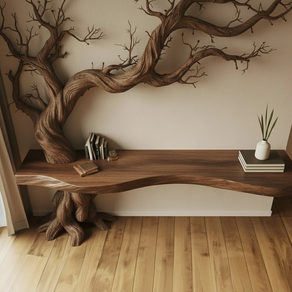 Solid Wood Wall Shelf Gnarled Twisting Tree-Branch Sculpture for Hallway