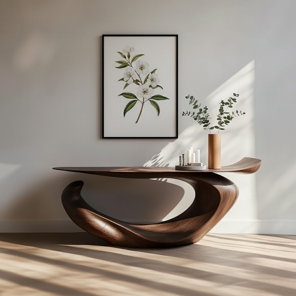 Solid Wood Sculptural Live-Edge Console Table Curved Ribbon Entryway Accent