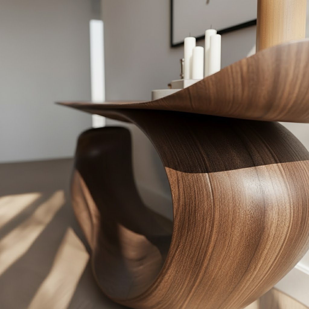 Solid Wood Sculptural Live-Edge Console Table Curved Ribbon Entryway Accent
