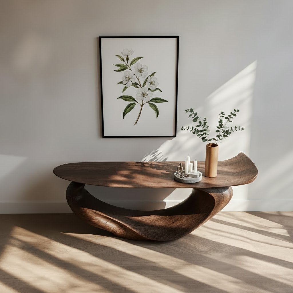 Solid Wood Sculptural Live-Edge Console Table Curved Ribbon Entryway Accent