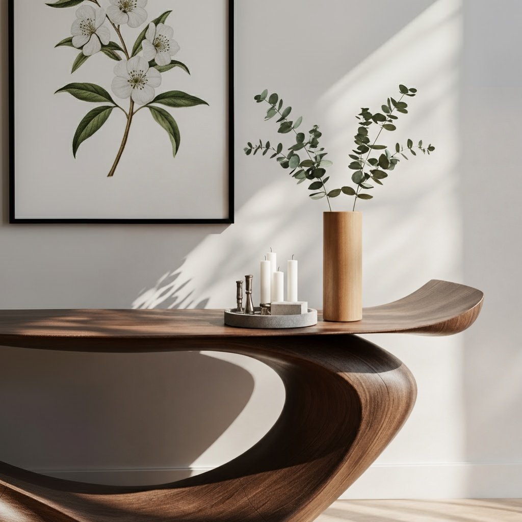 Solid Wood Sculptural Live-Edge Console Table Curved Ribbon Entryway Accent