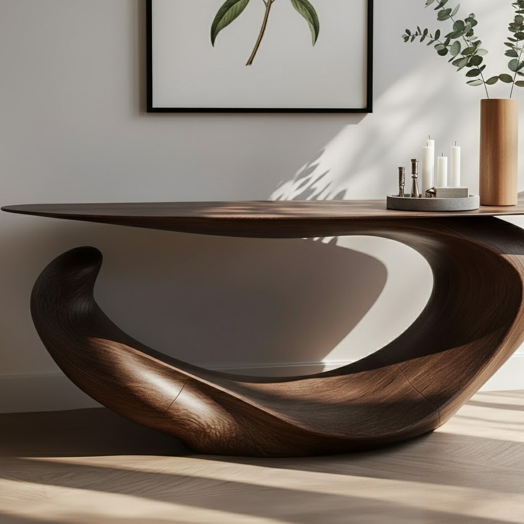 Solid Wood Sculptural Live-Edge Console Table Curved Ribbon Entryway Accent
