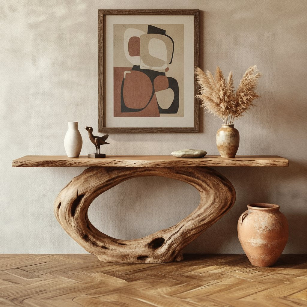 Solid Wood Live-Edge Console Table Tree-Trunk Ring Base Rustic Entryway