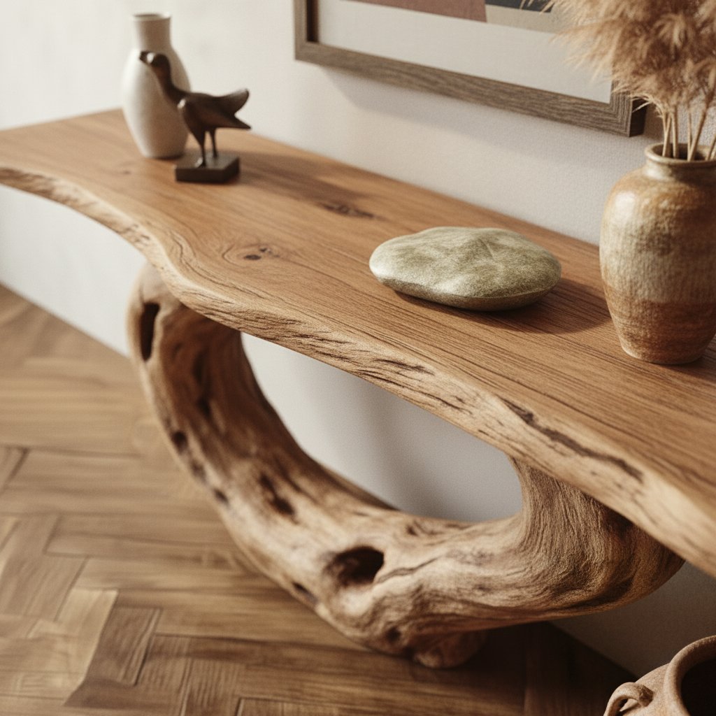 Solid Wood Live-Edge Console Table Tree-Trunk Ring Base Rustic Entryway