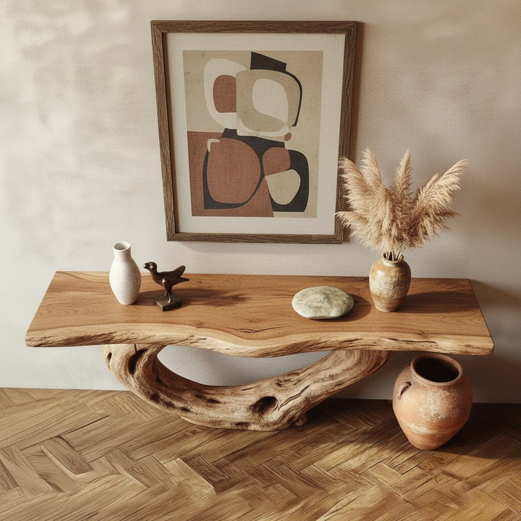 Solid Wood Live-Edge Console Table Tree-Trunk Ring Base Rustic Entryway