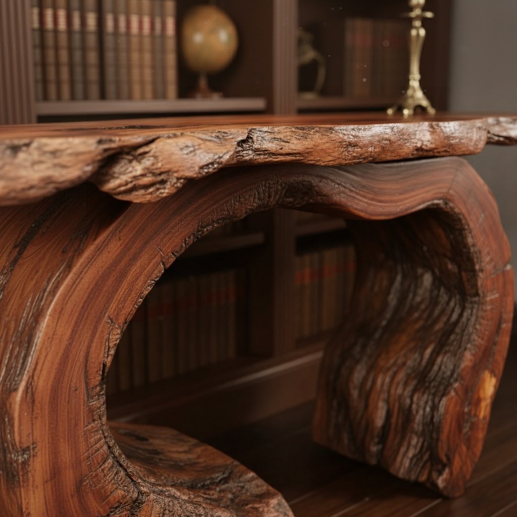 Solid Wood Live-Edge Console Table Arched Hollow Root Base Library Accent