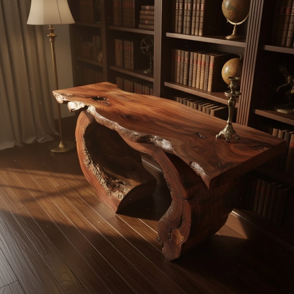 Solid Wood Live-Edge Console Table Arched Hollow Root Base Library Accent