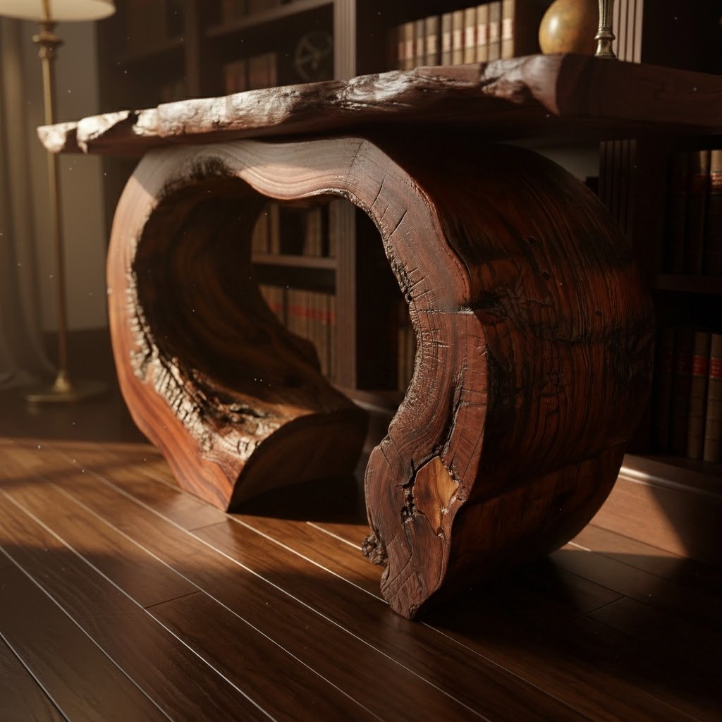 Solid Wood Live-Edge Console Table Arched Hollow Root Base Library Accent