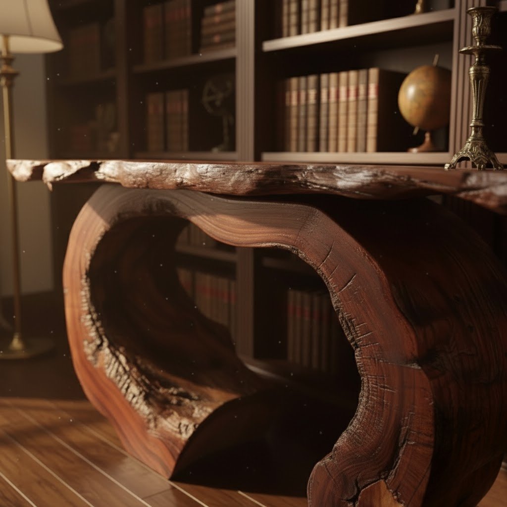 Solid Wood Live-Edge Console Table Arched Hollow Root Base Library Accent