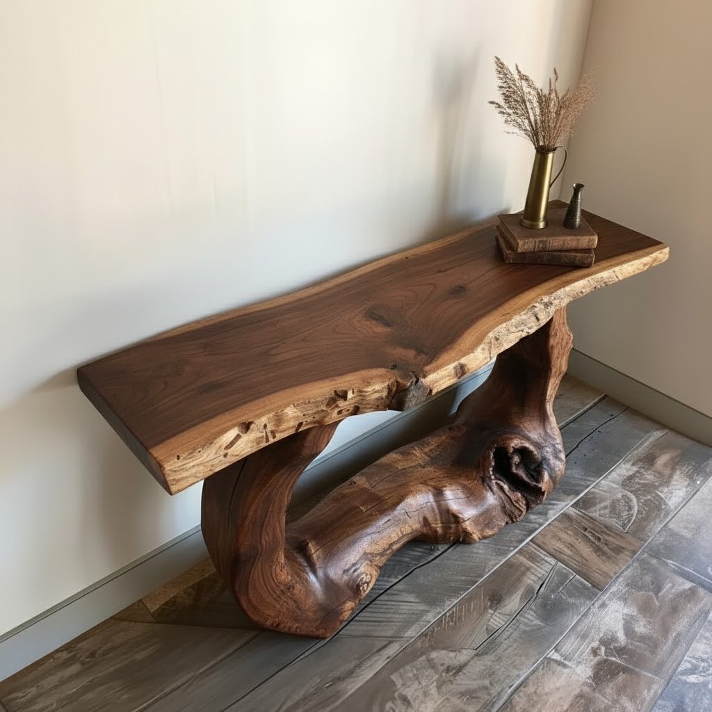 Solid Wood Live-Edge Console Table Chunky Root Base Modern Entryway Piece