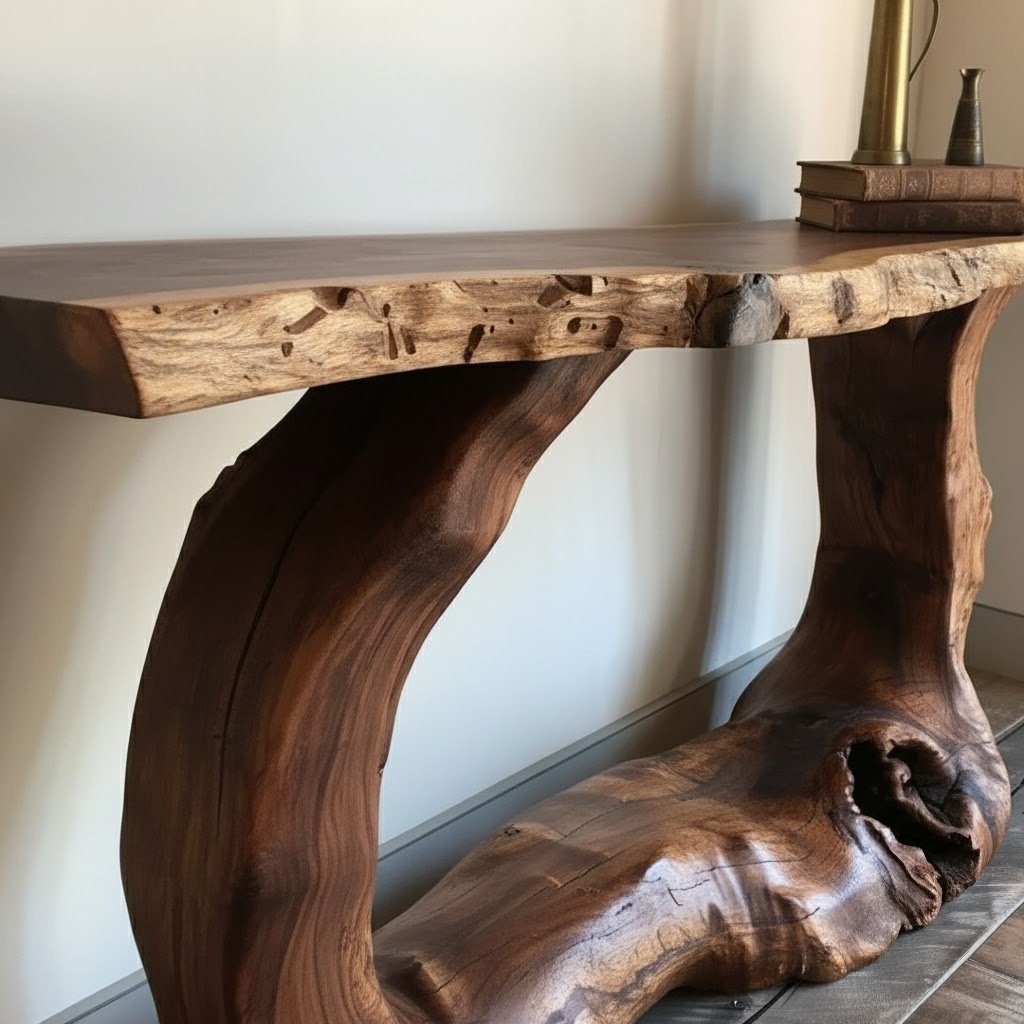 Solid Wood Live-Edge Console Table Chunky Root Base Modern Entryway Piece