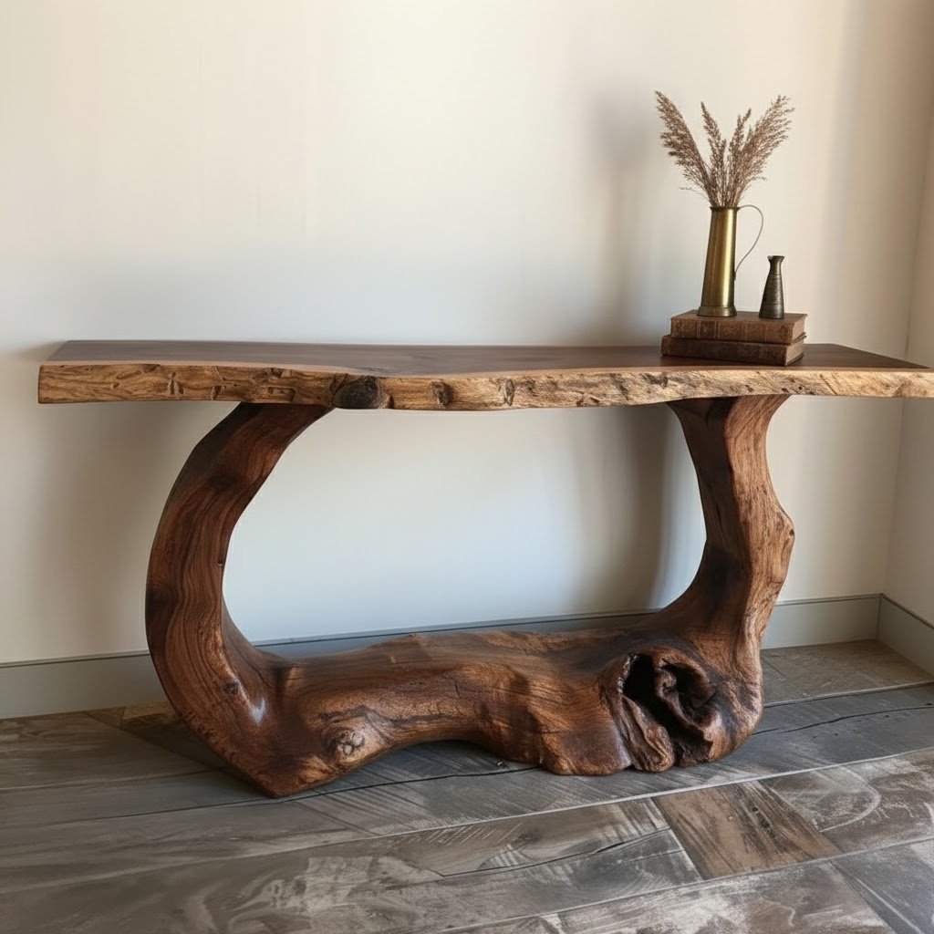 Solid Wood Live-Edge Console Table Chunky Root Base Modern Entryway Piece