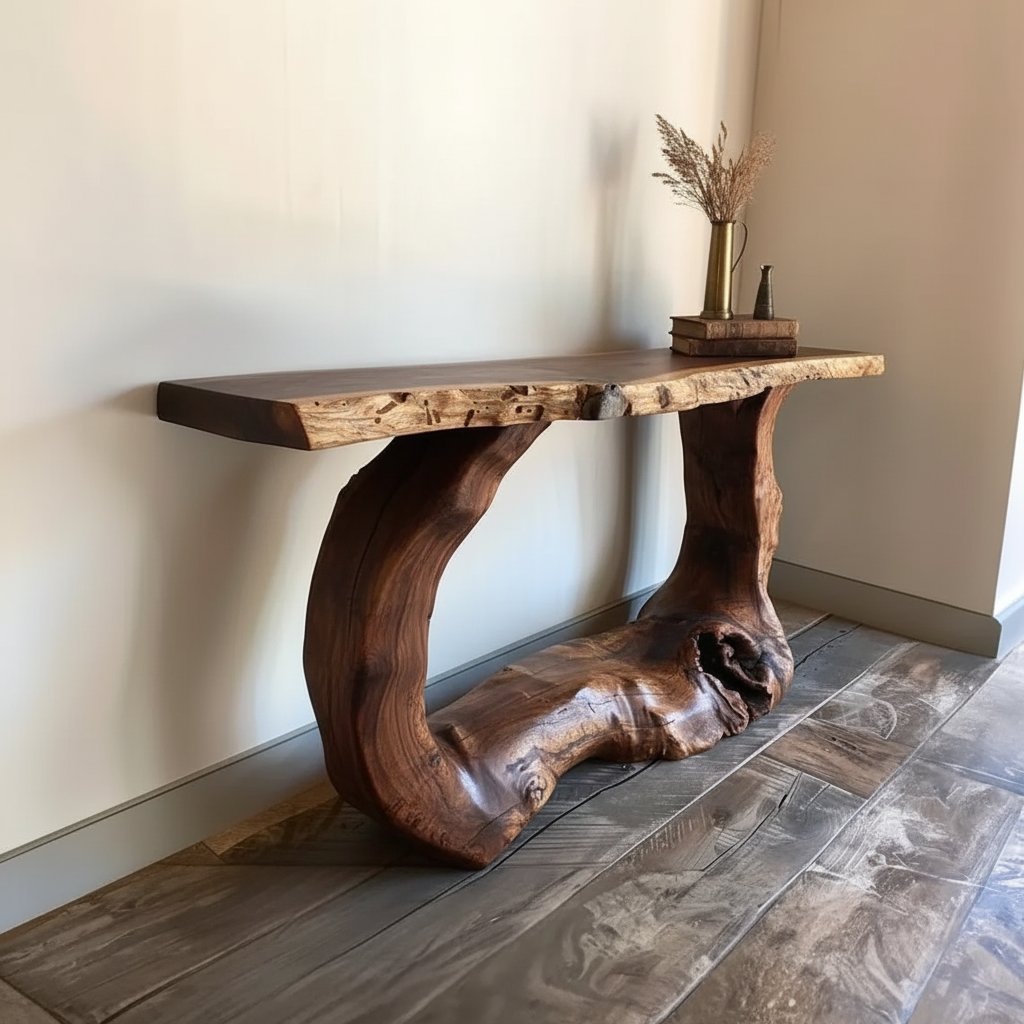 Solid Wood Live-Edge Console Table Chunky Root Base Modern Entryway Piece