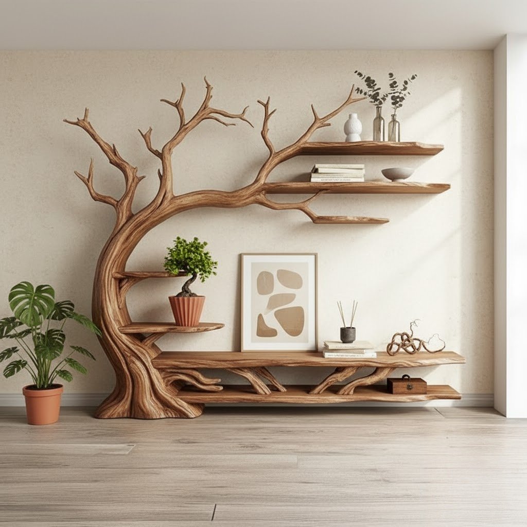 Solid Wood Tree-Branch Bookshelf Sculptural Branching Shelves Organic Wall Display