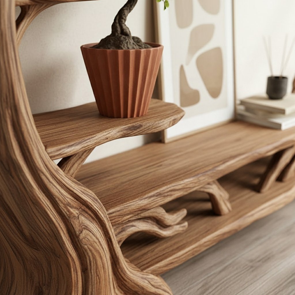 Solid Wood Tree-Branch Bookshelf Sculptural Branching Shelves Organic Wall Display