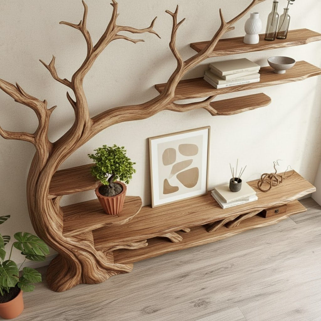 Solid Wood Tree-Branch Bookshelf Sculptural Branching Shelves Organic Wall Display