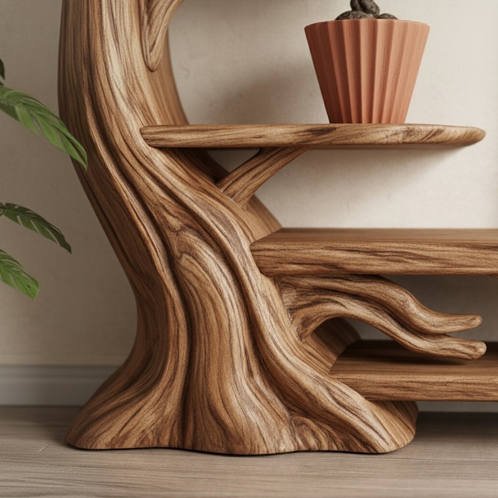 Solid Wood Tree-Branch Bookshelf Sculptural Branching Shelves Organic Wall Display