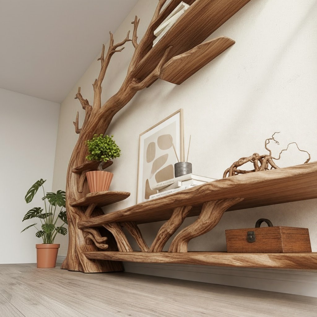 Solid Wood Tree-Branch Bookshelf Sculptural Branching Shelves Organic Wall Display