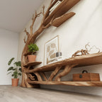 Solid Wood Tree-Branch Bookshelf Sculptural Branching Shelves Organic Wall Display