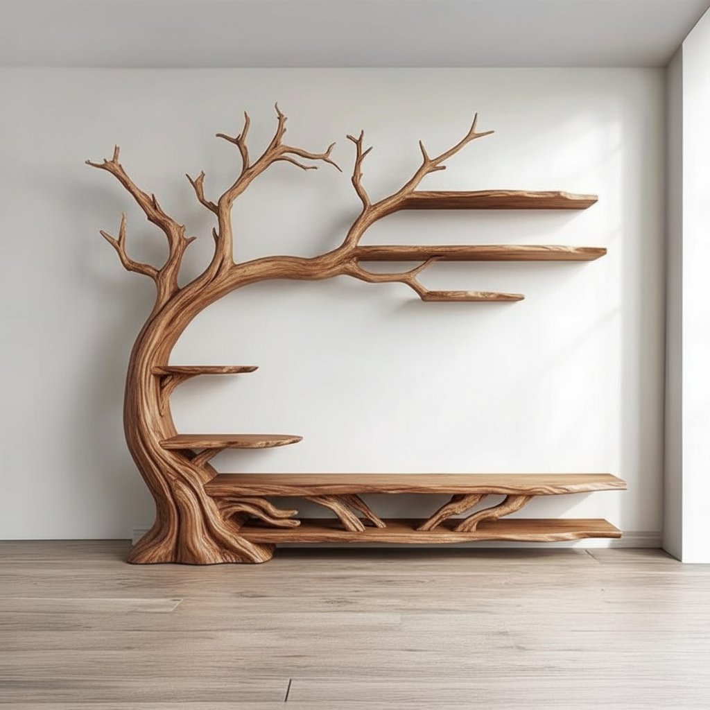 Solid Wood Tree-Branch Bookshelf Sculptural Branching Shelves Organic Wall Display