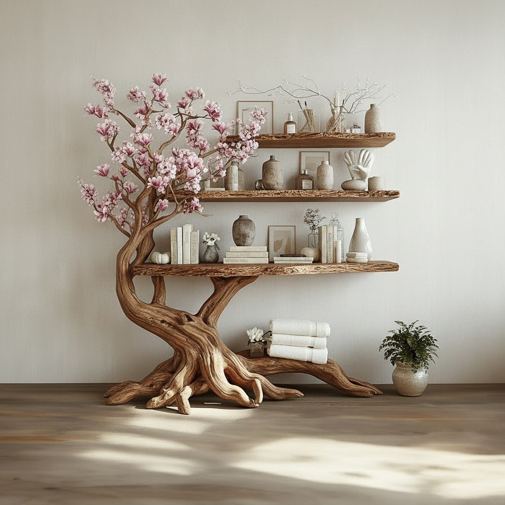 Solid Wood Tree-Root Bookshelf Cascading Tiered Branch Shelves Organic Room Accent