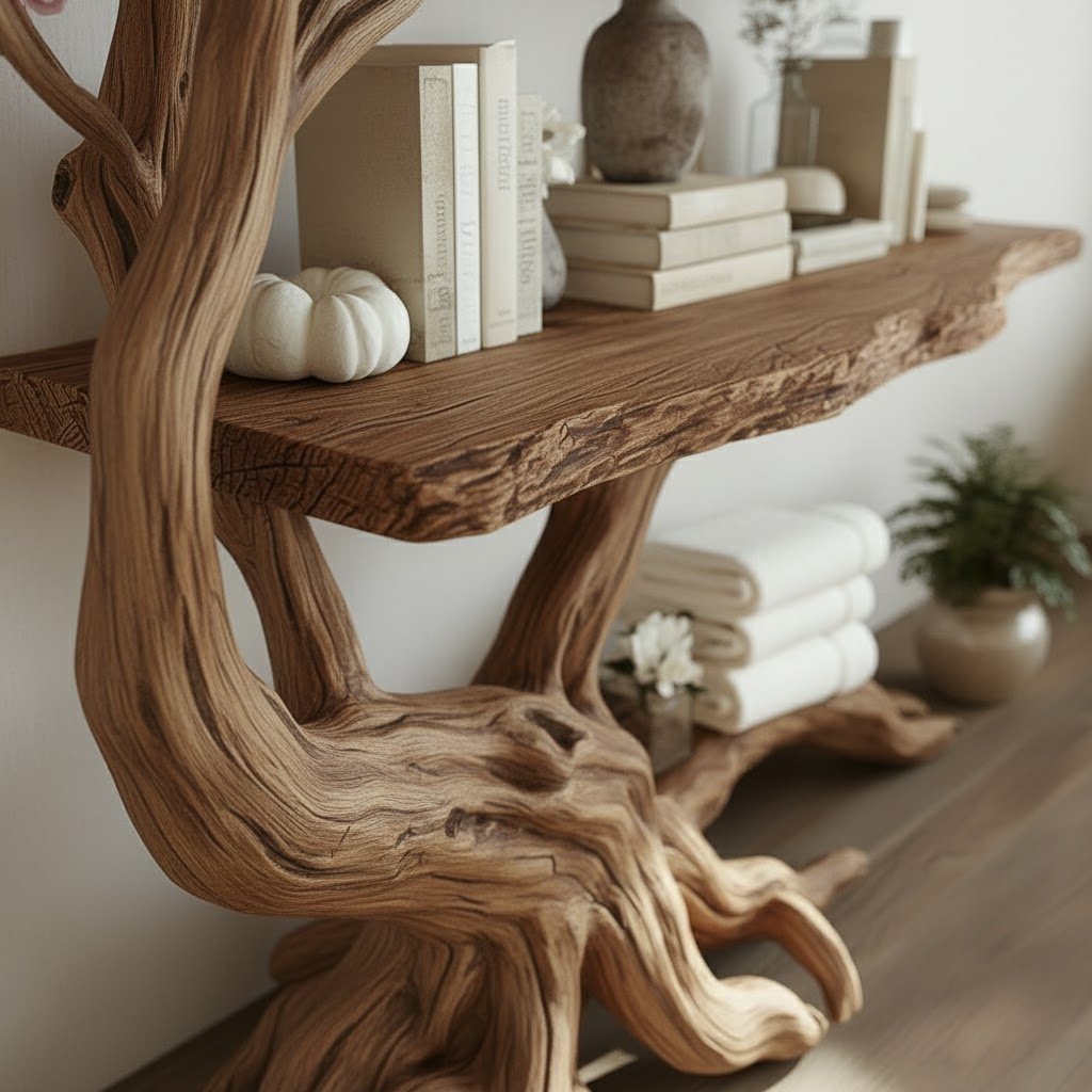 Solid Wood Tree-Root Bookshelf Cascading Tiered Branch Shelves Organic Room Accent