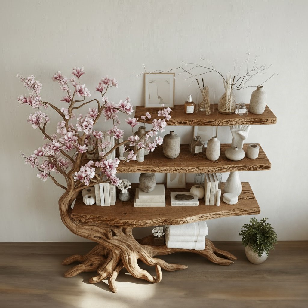 Solid Wood Tree-Root Bookshelf Cascading Tiered Branch Shelves Organic Room Accent