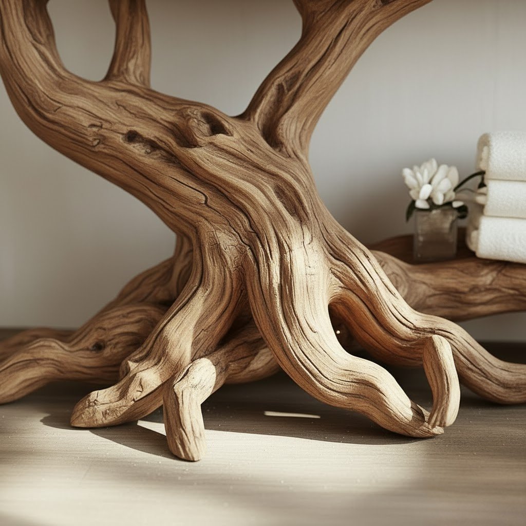 Solid Wood Tree-Root Bookshelf Cascading Tiered Branch Shelves Organic Room Accent