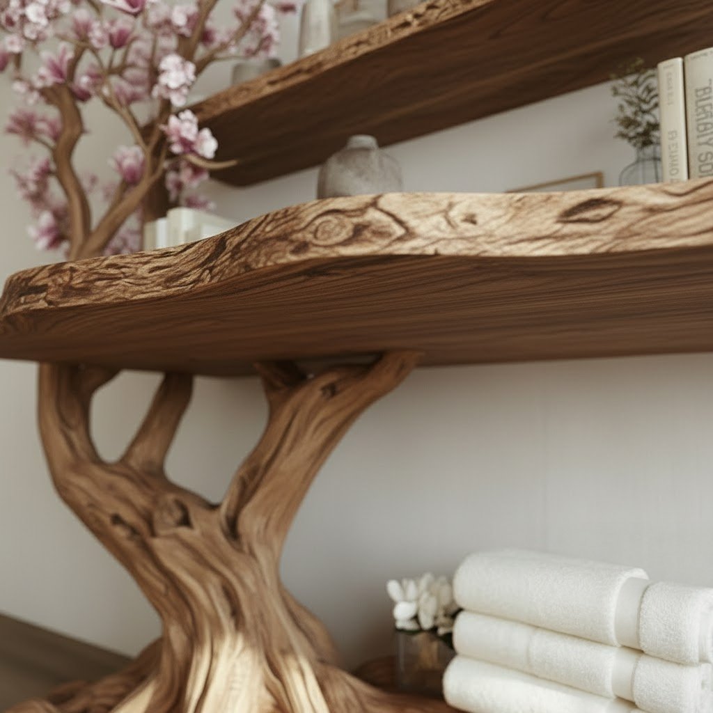 Solid Wood Tree-Root Bookshelf Cascading Tiered Branch Shelves Organic Room Accent