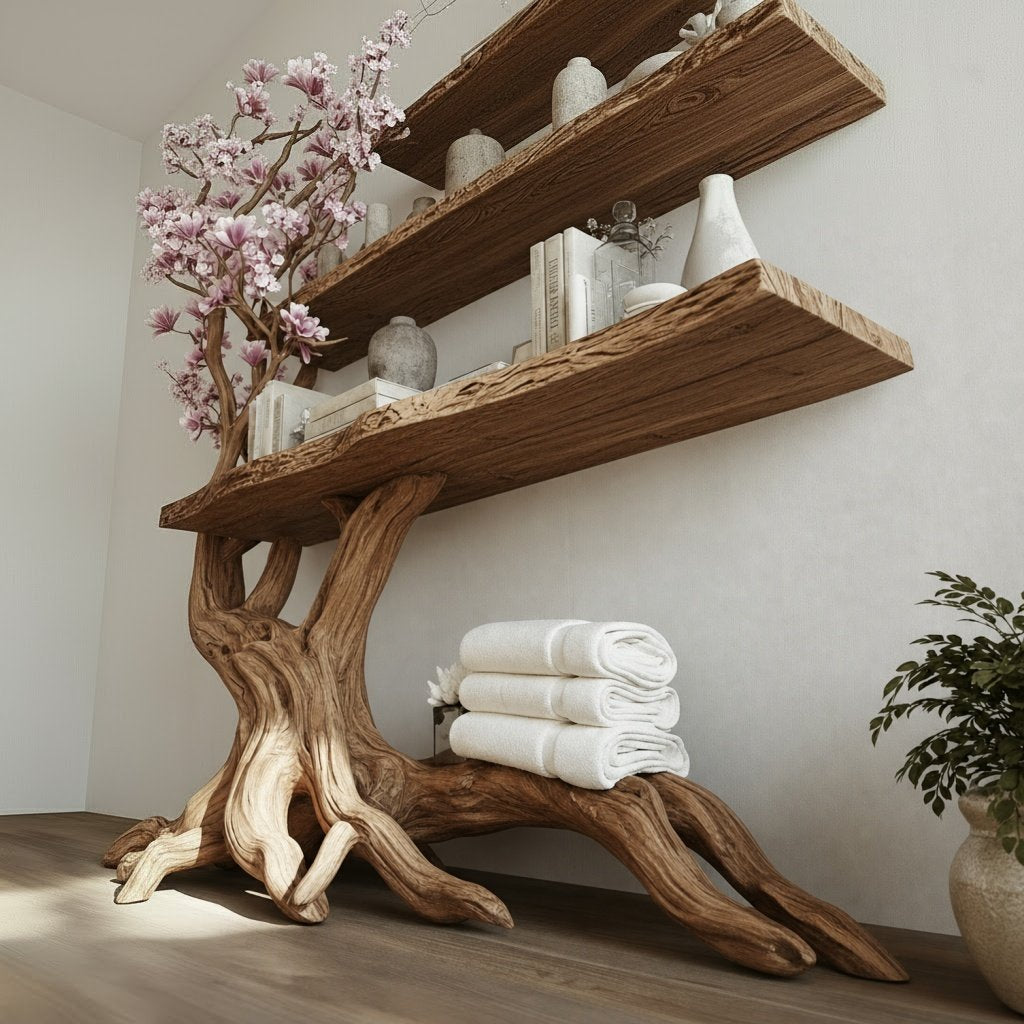Solid Wood Tree-Root Bookshelf Cascading Tiered Branch Shelves Organic Room Accent