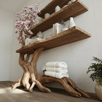 Solid Wood Tree-Root Bookshelf Cascading Tiered Branch Shelves Organic Room Accent