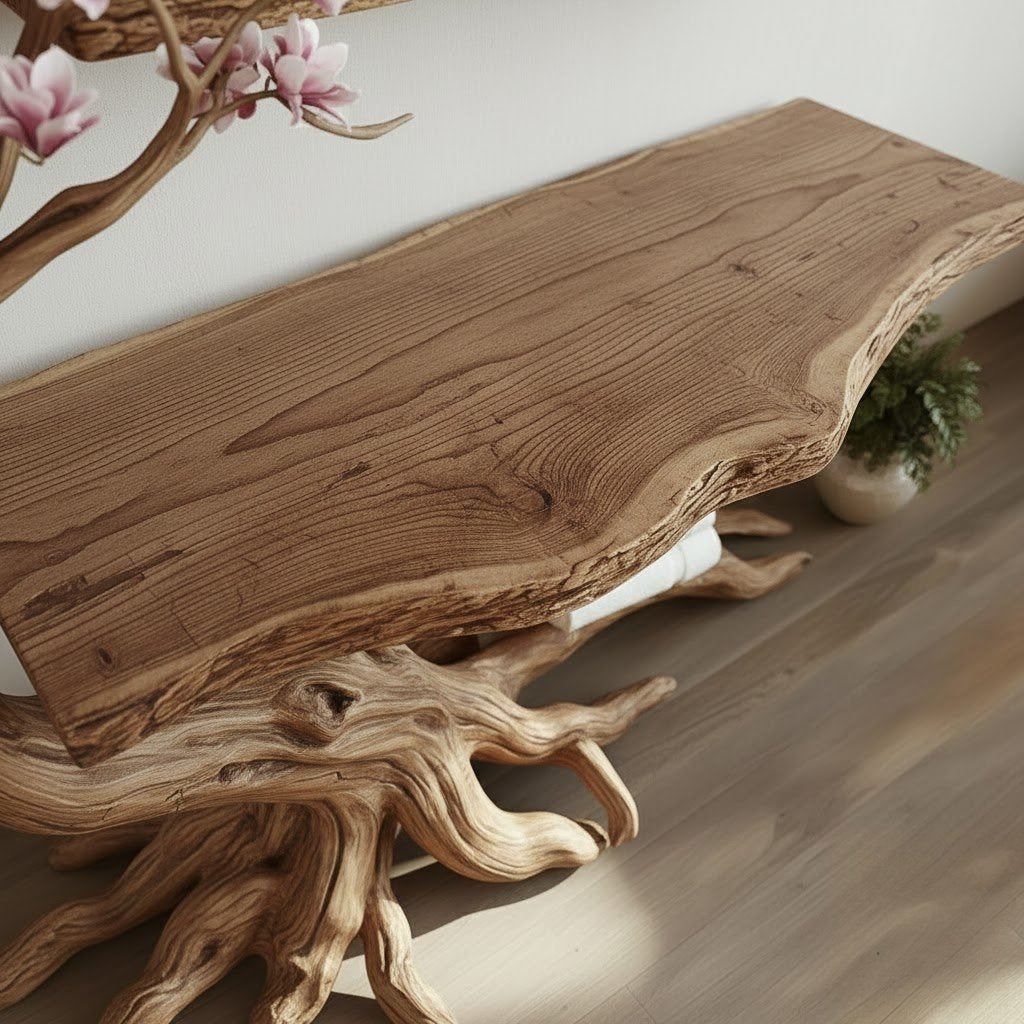 Solid Wood Tree-Root Bookshelf Cascading Tiered Branch Shelves Organic Room Accent